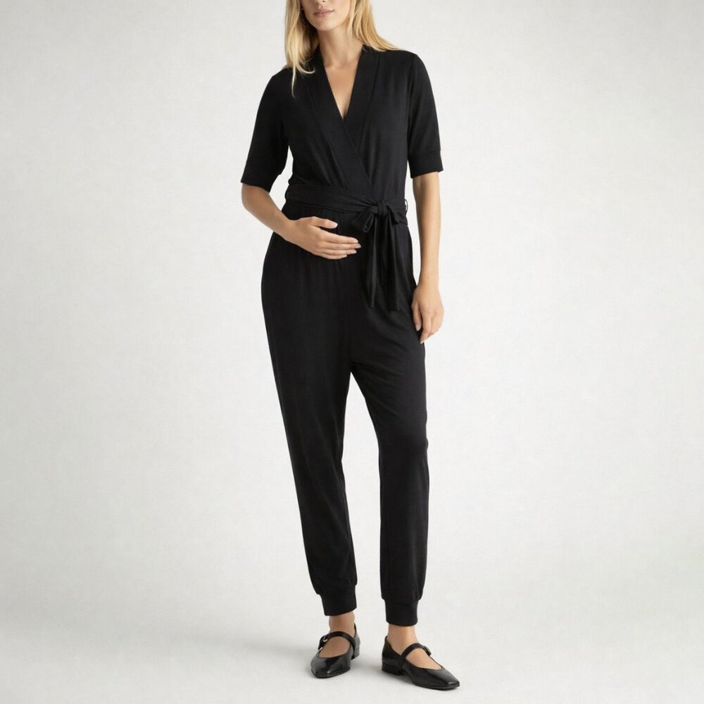 Quince French Terry Model Maternity Jumpsuit Black Small